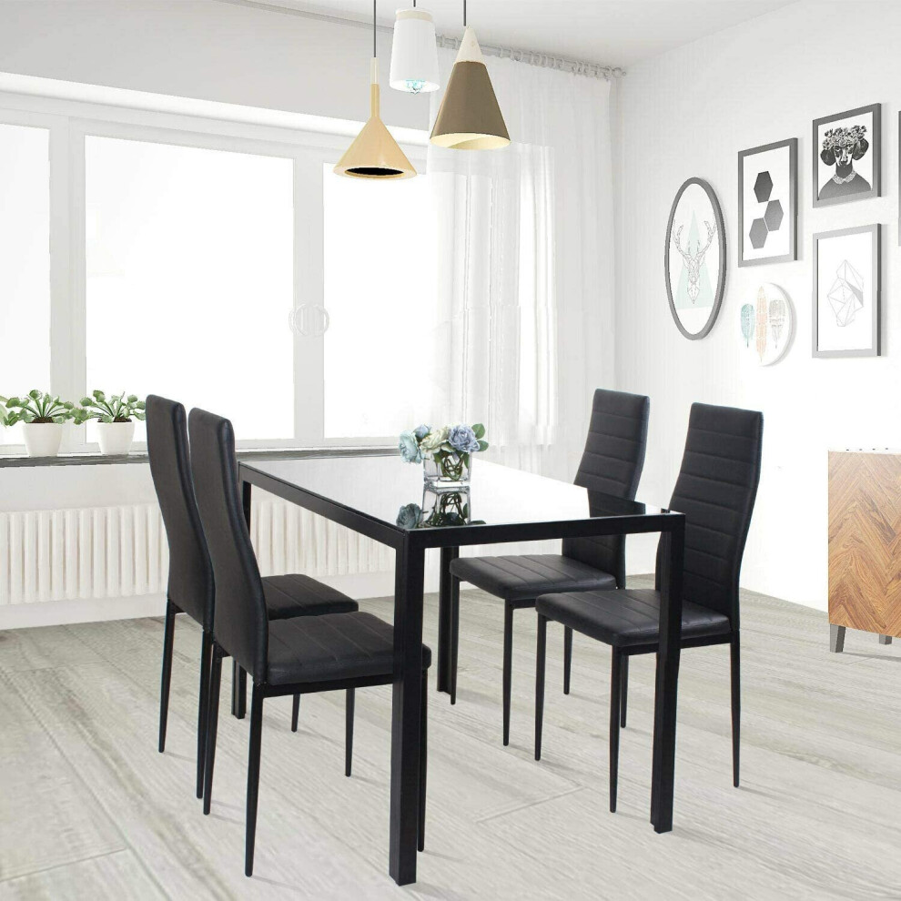 (Black Table and 4 chairs) BLACK GLASS DINING TABLE & FAUX LEATHER CHAIRS