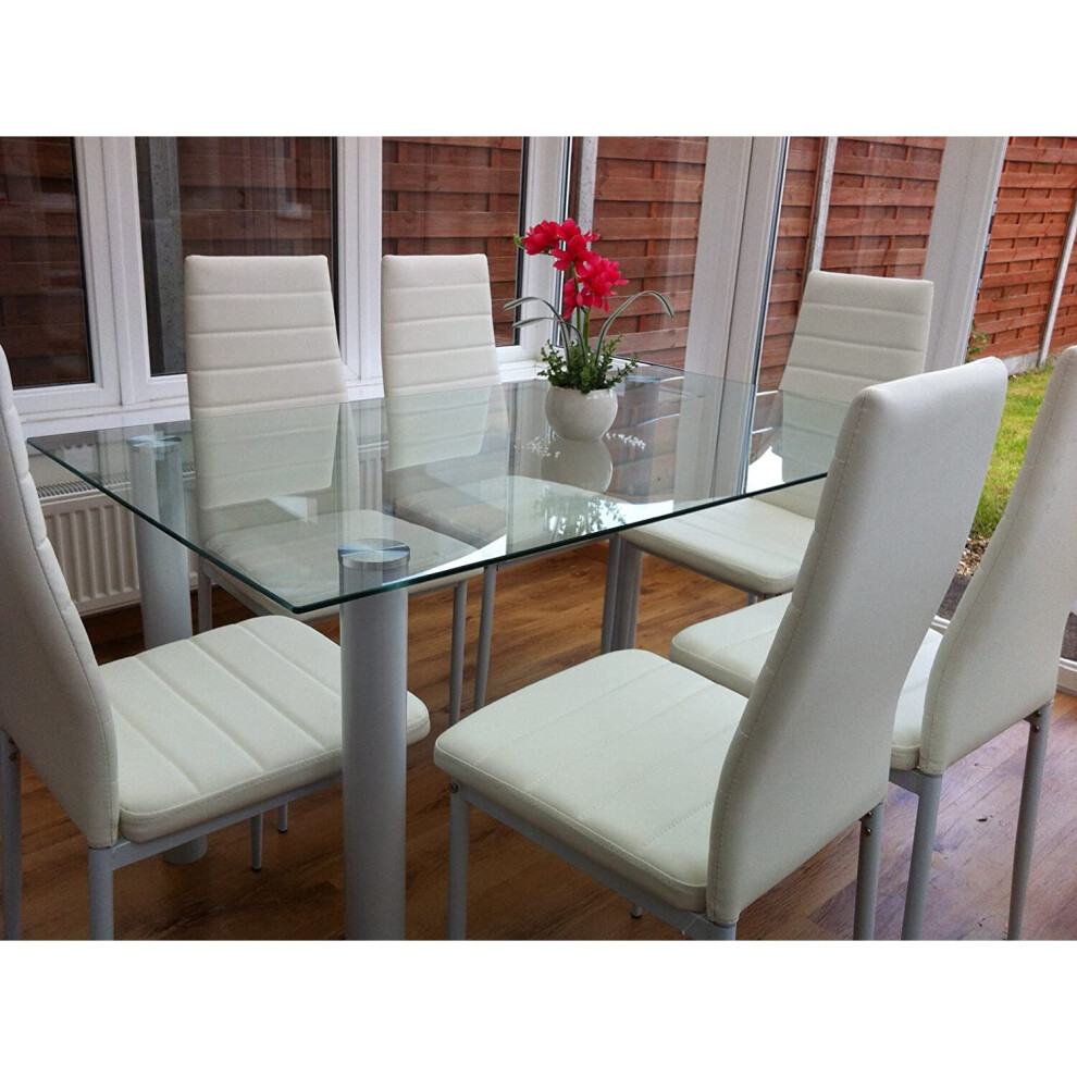 (Table with 6 chairs) WHITE GlASS DINING TABLE WITH FAUX LEATHER CHAIRS