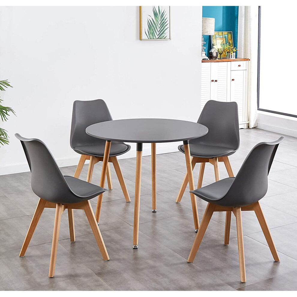 STYLISH CONTEMPORARY WOOD ROUND GREY DINING TABLE AND 4 GREY PADDED TULIP CHAIRS