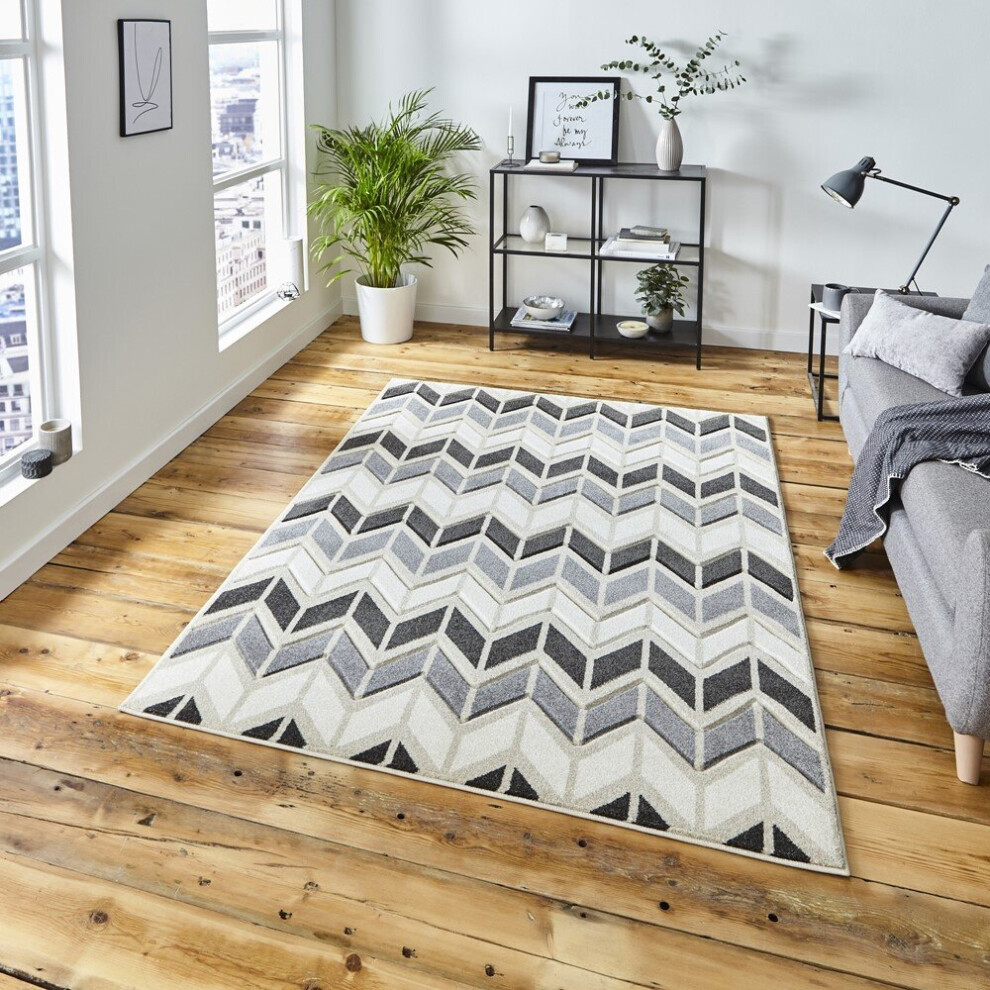 (160x220cm) Matrix Rugs MT24 in Grey Beige Striped Zig Zag Powerloomed Mats