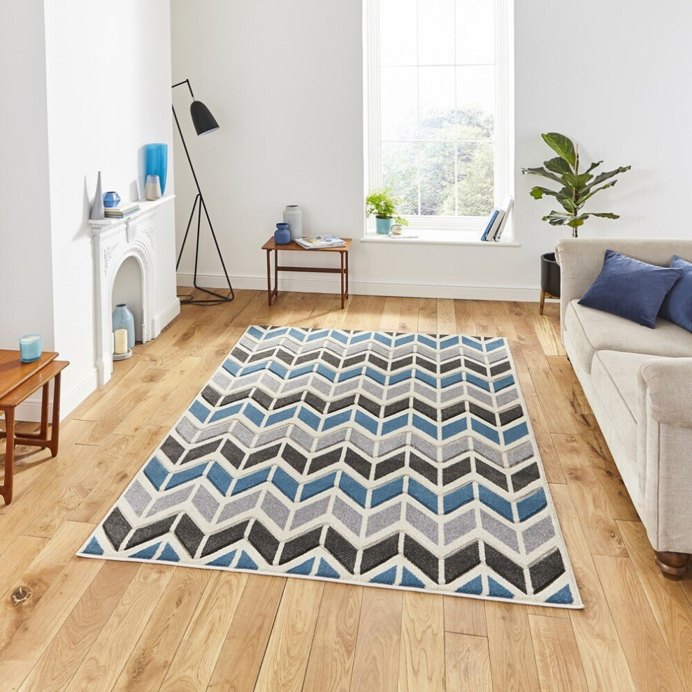 (160x220cm) Matrix Rugs MT24 in Grey Navy Striped Zig Zag Powerloomed Mats