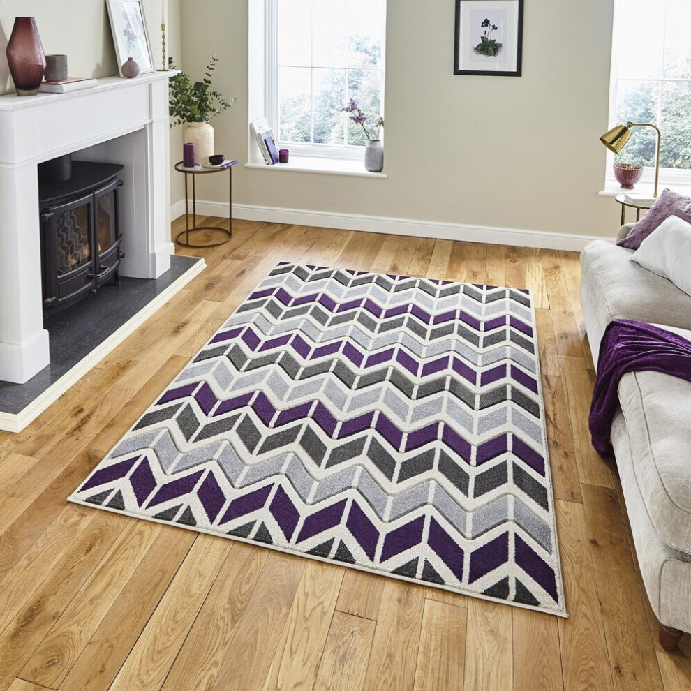 (160x220cm) Matrix Rugs MT24 in Grey Purple Striped Zig Zag Powerloomed Mats