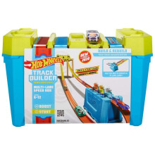 Hot Wheels Bilbana Byggset, Flerfilig Speed Box, 18 Delar med Förvaring & 2 1:64 Skala Bilar