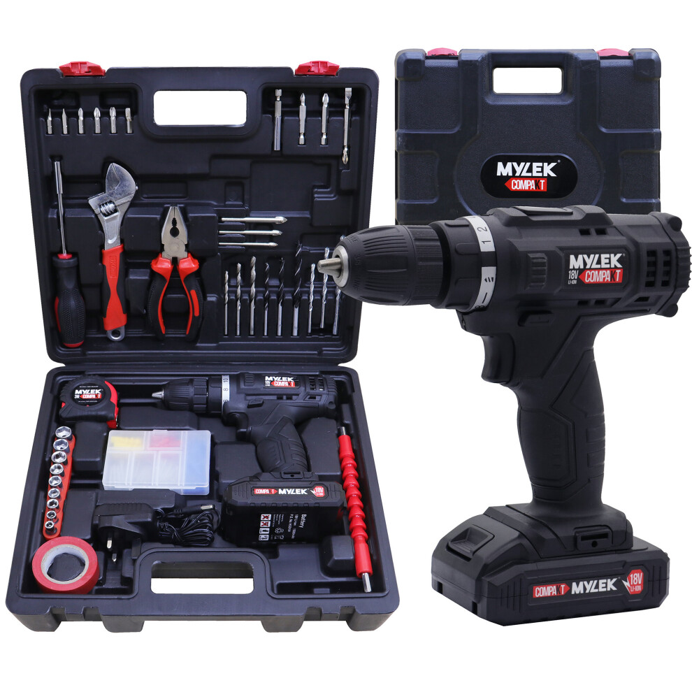 Mylek 18V Cordless Drill Driver Li-Ion Battery 90 Piece Accessory Set