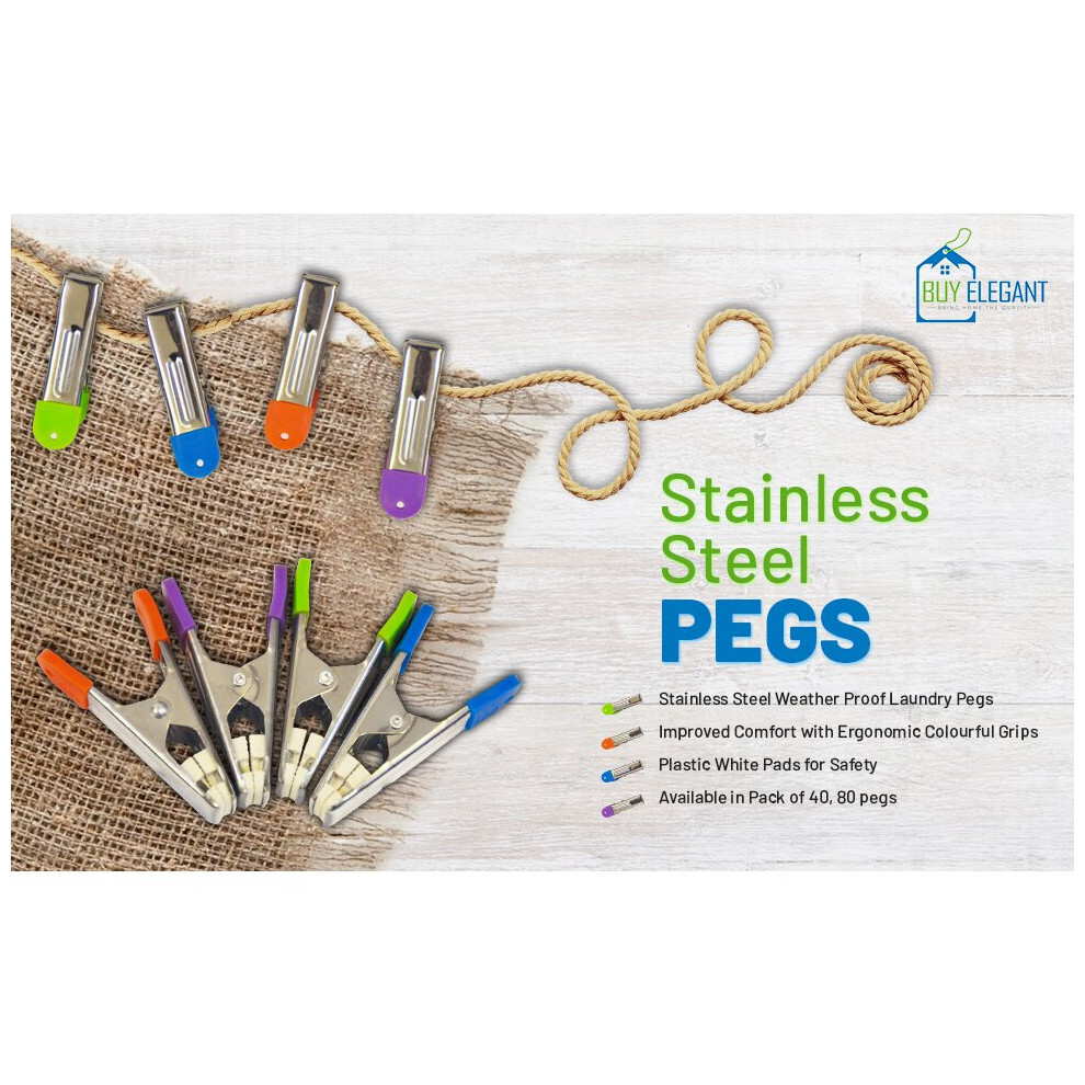 80 Stainless Steel Laundry Pegs w Colourful Plastic Grips 