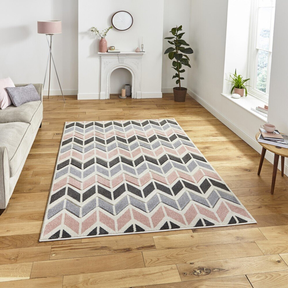 (120x170cm) Matrix Rugs MT24 in Grey Rose Striped Zig Zag Powerloomed Mats