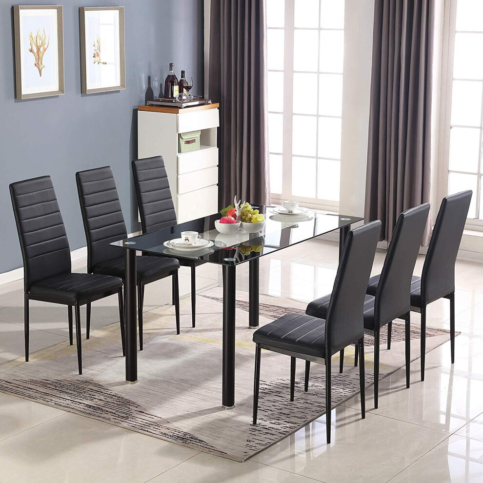 (Table with 6 chairs) KOSY KOALA BLACK GLASS DINING TABLE AND 6 BLACK CHAIRS