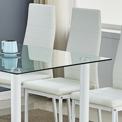 (Table with 6 chairs) WHITE GlASS DINING TABLE WITH FAUX LEATHER CHAIRS 2