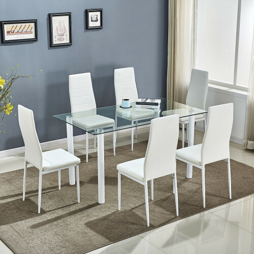 (Table with 6 chairs) WHITE GlASS DINING TABLE WITH FAUX LEATHER CHAIRS 1
