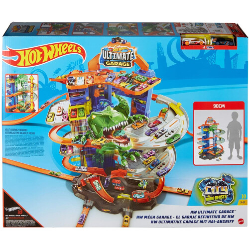 Hot Wheels Hot Wheels City Ultimate Garage Playset with Multi-Level Racetrack, 91 cm Tall Moving T-Rex Dinosaur, Parks