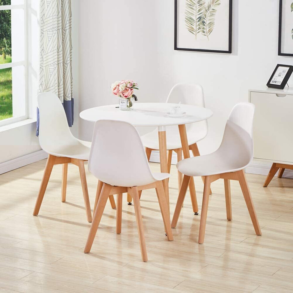 STYLISH CONTEMPORARY WOOD ROUND WHITE DINING TABLE AND 4 WHITE CHAIRS