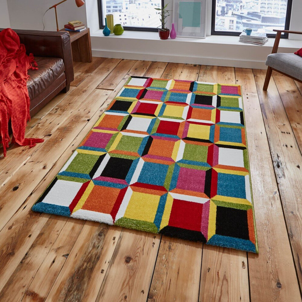 (120x170cm) Sunrise Multi Coloured Rugs M381A Geometric Powerloomed Mats