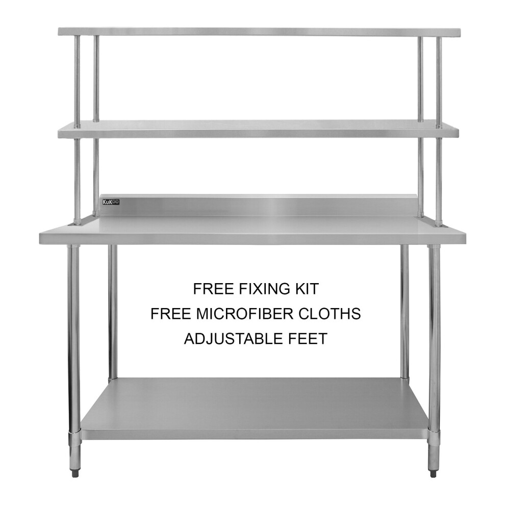 (5ft Bench With Double Over-Shelf) Catering Table With Overshelf Kitchen Bench Worktop Commercial Stainless Steel
