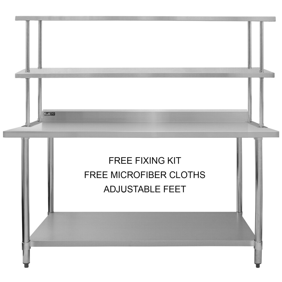 (6ft Bench With Double Over-Shelf) Catering Table With Overshelf Kitchen Bench Worktop Commercial Stainless Steel