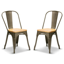(Gun Metal, Oak Wood) 2 Tolix Style Industrial Metal Stacking Dining Chairs Cafe Bistro