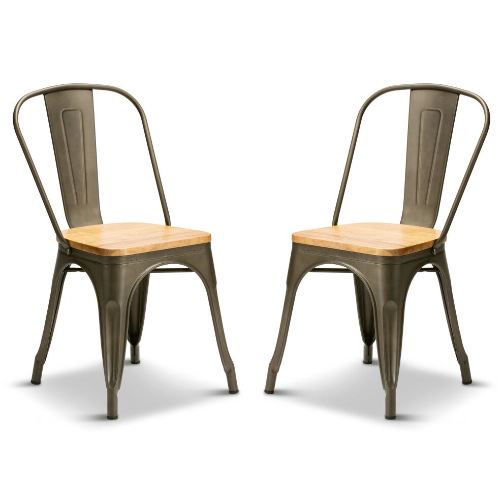 (Gun Metal, Oak Wood) 2 Tolix Style Industrial Metal Stacking Dining Chairs Cafe Bistro