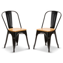 (Matt Black, Oak Wood) 2 Tolix Style Industrial Metal Stacking Dining Chairs Cafe Bistro