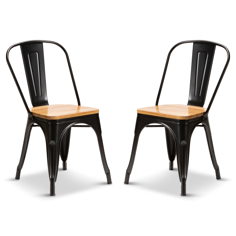 (Matt Black, Oak Wood) 2 Tolix Style Industrial Metal Stacking Dining Chairs Cafe Bistro