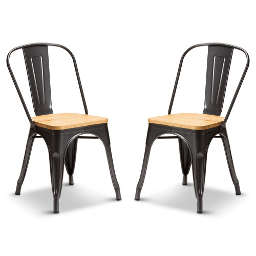 (Graphite Grey, Oak Wood) 2 Tolix Style Industrial Metal Stacking Dining Chairs Cafe Bistro