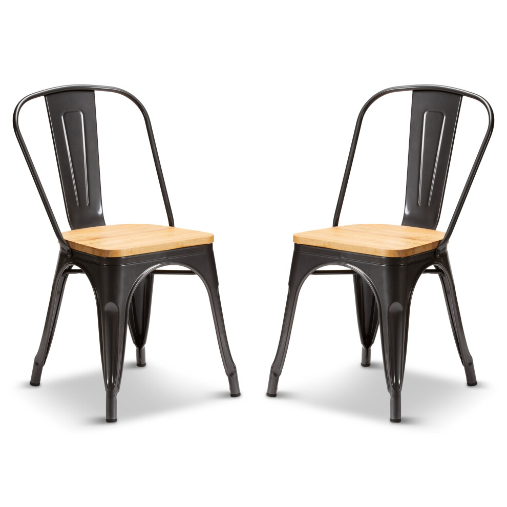 (Graphite Grey, Oak Wood) 2 Tolix Style Industrial Metal Stacking Dining Chairs Cafe Bistro