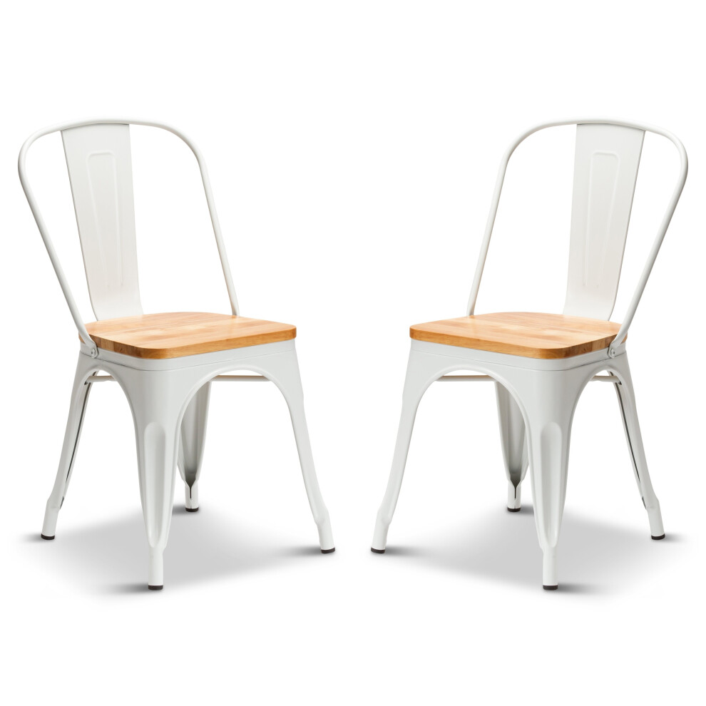 (Matt White, Oak Wood) 2 Tolix Style Industrial Metal Stacking Dining Chairs Cafe Bistro