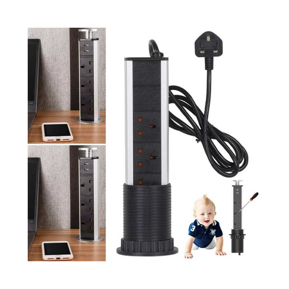 3 Power Pop Up Pull Up Worktop Sockets Plug 2 Usb Ports Extension Lead Home Kids 795340634694