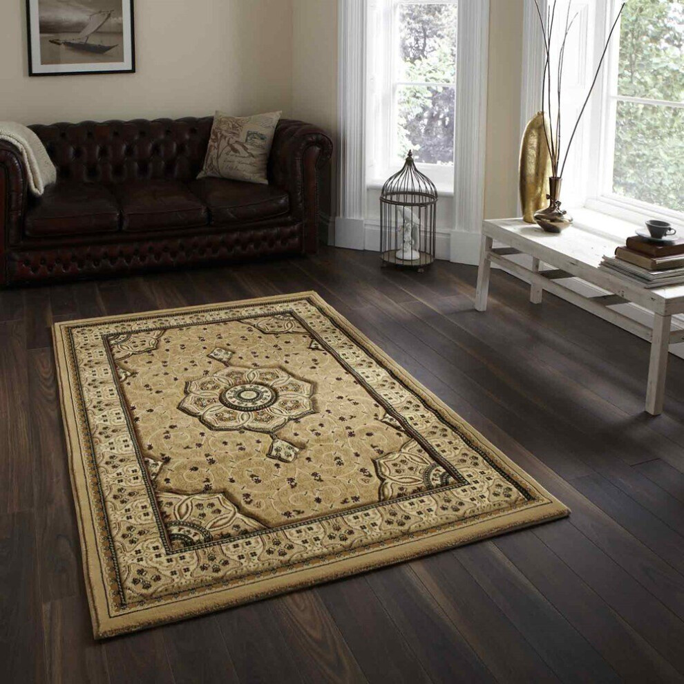 Think Rugs (160X230cm) Heritage 4400 Traditional Medallion Rugs In Beige Soft Powerloomed Mats