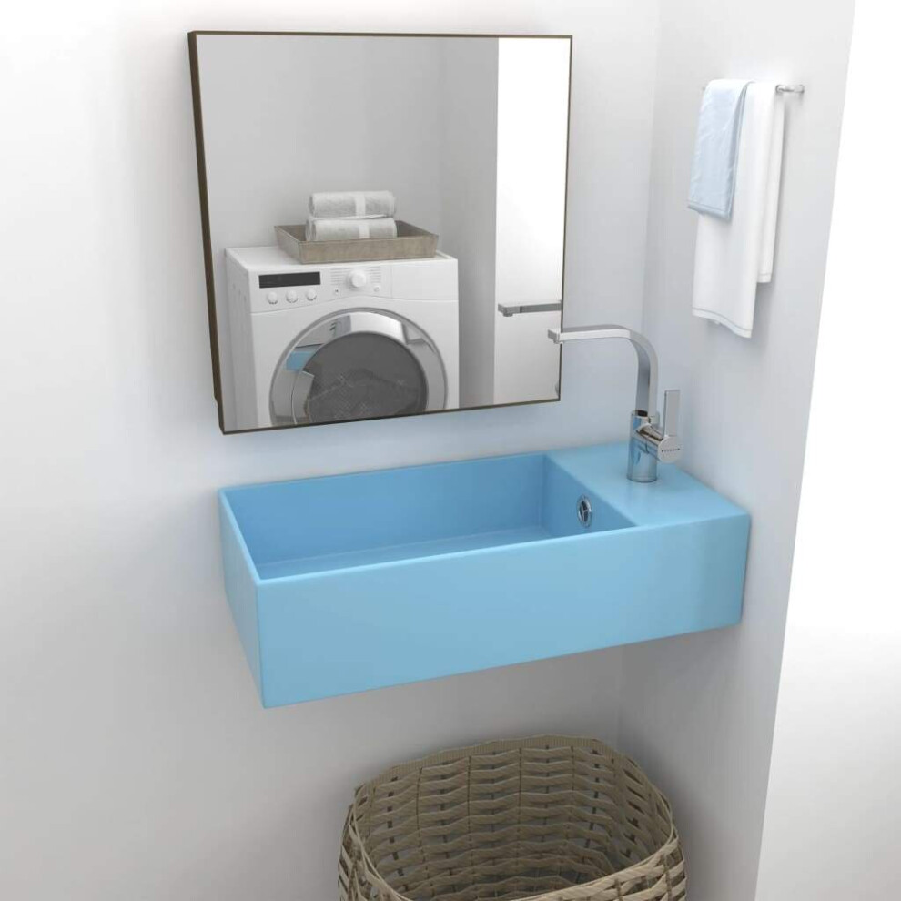 Vidaxl Light Blue Ceramic Bathroom Sink With Overflow - Above-Counter Vanity Basin 480X250x150 Mm