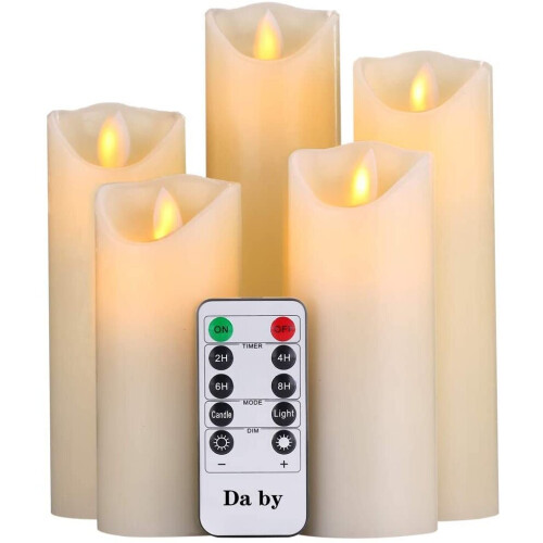 Set of 5 Flameless LED Candles with Real Wax Look, Dancing Flame, Remote, 2-8 Hour Timers, Battery Powered for Home, Parties, Weddings