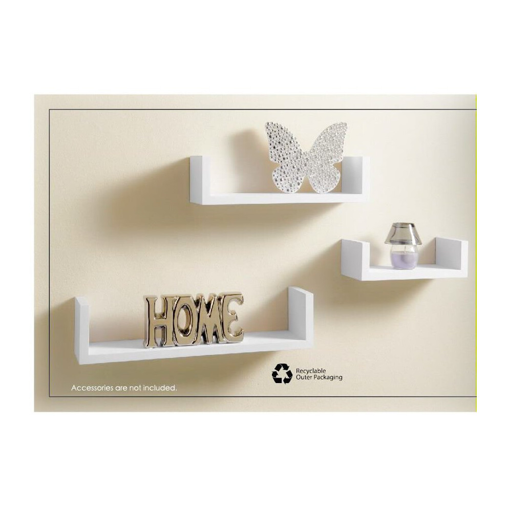 Set of 3 U Shape Floating Shelves Display Home DÃ©cor White -G-0001