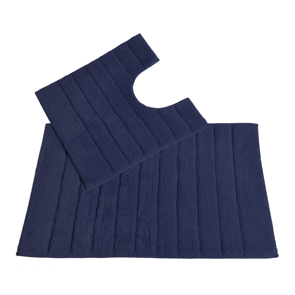 (Navy) Allure Linear Rib 2pc Cotton Bath & Pedestal Mat Set