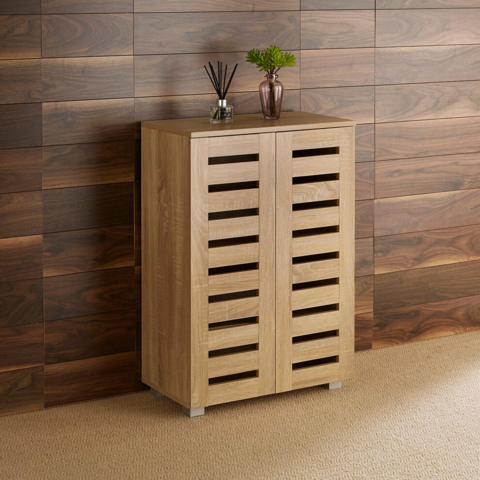 Home Source (Oak) Oslo 2 Door Slatted Shoe Cabinet Storage Unit