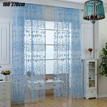 (Sky Blue, 100*270cm) Floral Sheer Voile Curtain Rod Pocket Slot Top Net Window Curtain Home Decor