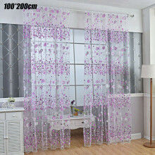 (Purple, 100*200cm) Floral Sheer Voile Curtain Rod Pocket Slot Top Net Window Curtain Home Decor