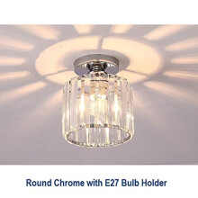 (Round, Chrome) WDW Genuine Crystal Hallway Flush Ceiling Light Chandelier - Chrome, Golden Light Color Options - Round, Square Shade Shapes - 15 x 17 cm