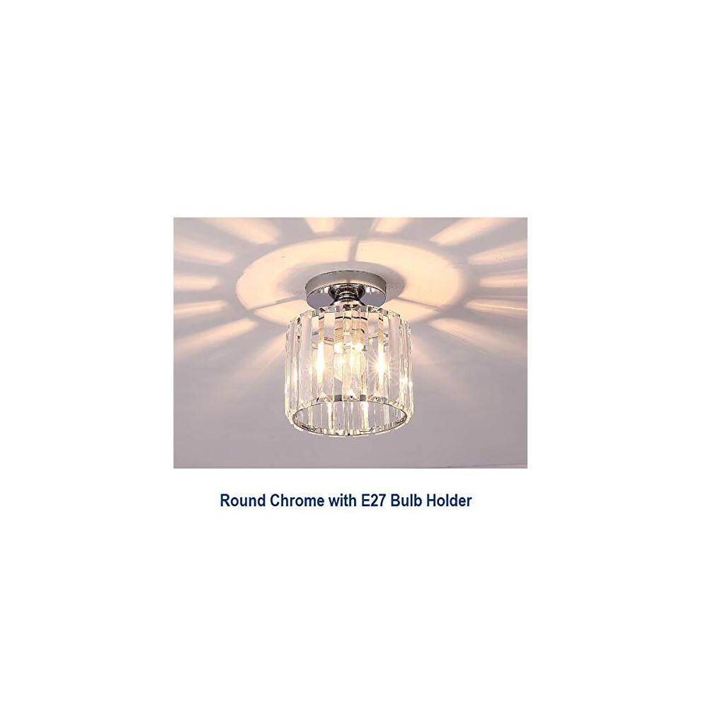 (Round, Chrome) WDW Genuine Crystal Hallway Flush Ceiling Light Chandelier - Chrome, Golden Light Color Options - Round, Square Shade Shapes - 15 x 17