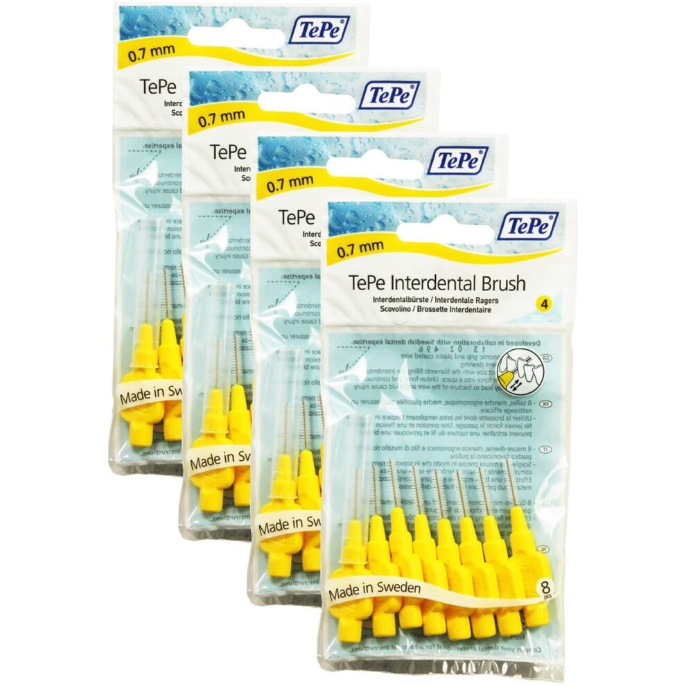 TePe Interdental Brushes 0.7mm Yellow - 4 Packets of 8 (32 Brushes)