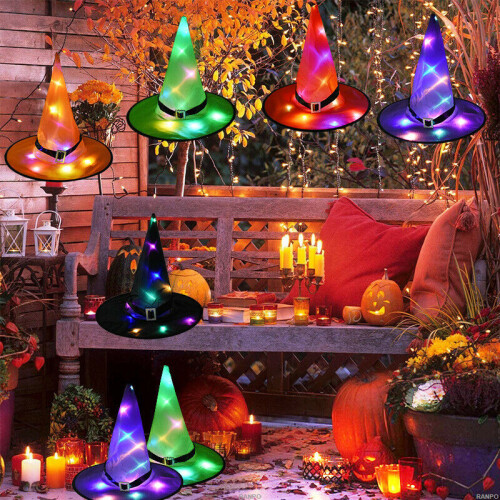 (Pink) Halloween LED Light Up Witch Hat Glowing Witches Caps