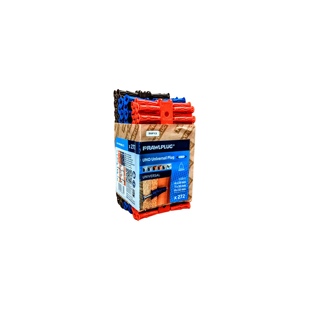 RAWLPLUG UNO UNIVERSAL PLUG MIX PACK. 272 PCS, 96 OF RED, 96 OF BROWN, 80 OF BLUE