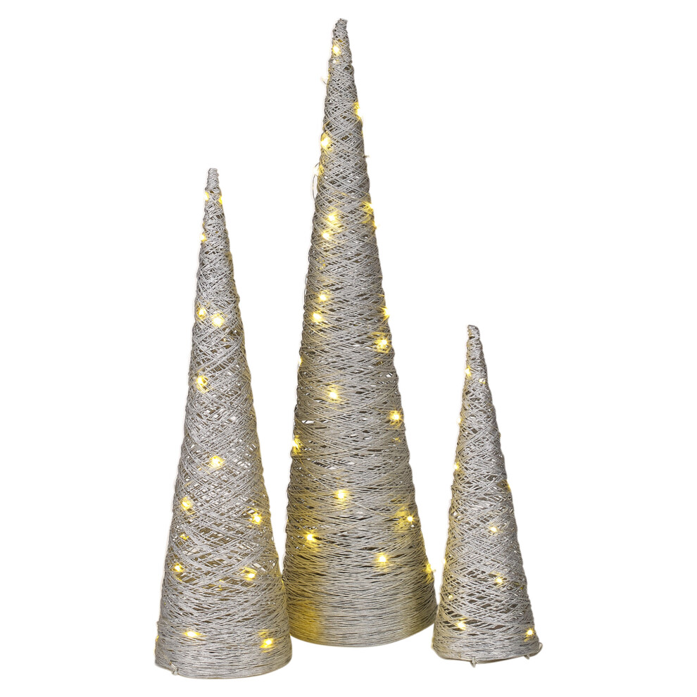 (Silver with Glitter) 3 Pcs Light Up Christmas Tree Cones | Xmas Decor