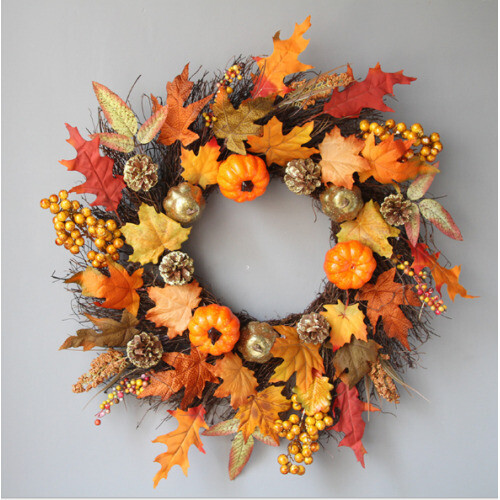 45CM Home Decor Fall Door Pumpkin Wreath Autumn Color Maple Leaf Garland UK