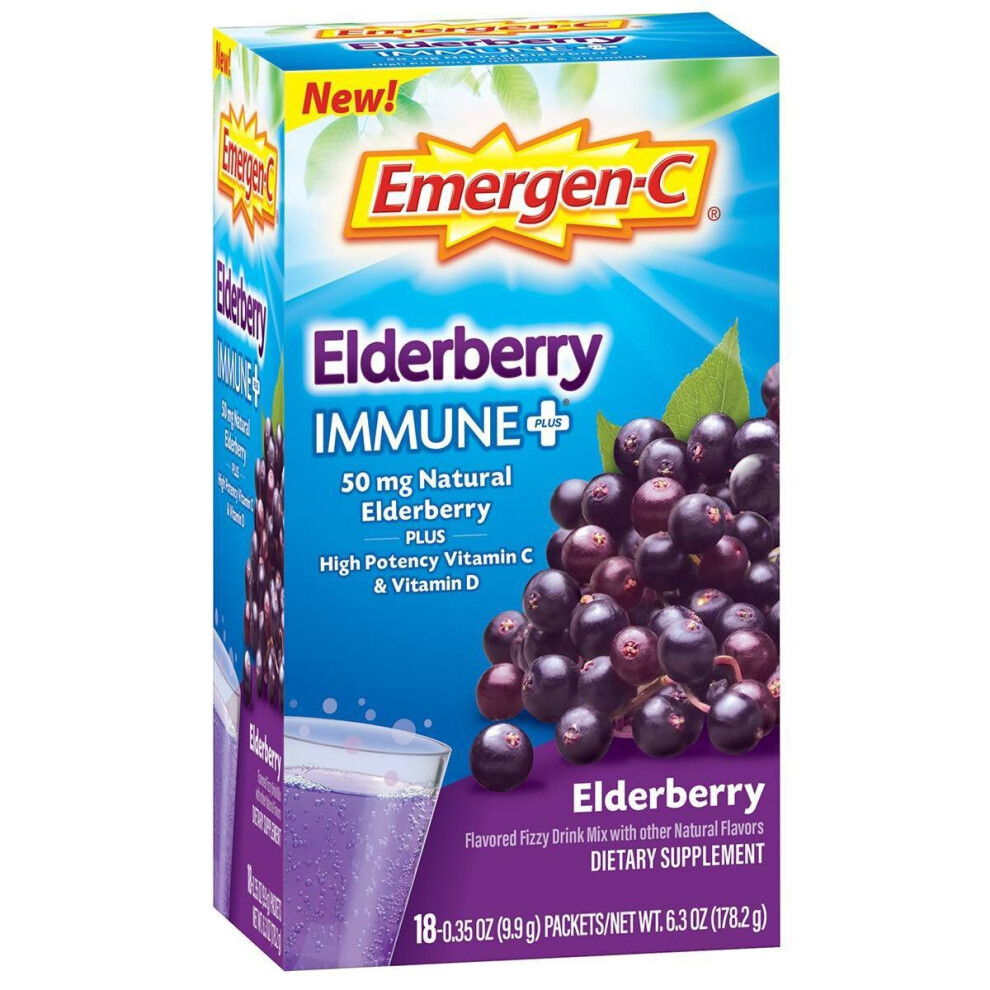 Emergen-C Immune Plus Elderberry Vitamin C + D3 & Zinc, 18 Packets - Fizzy Drink Mix