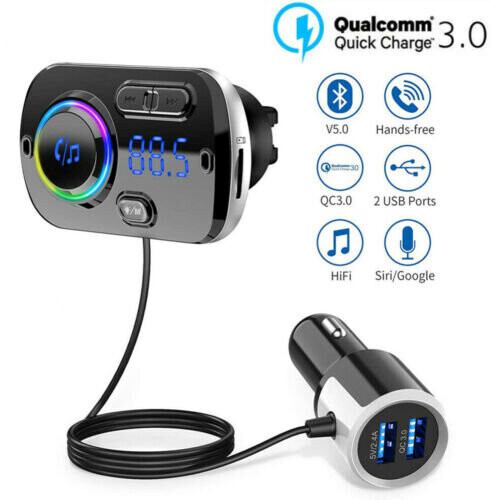 Bluetooth 5.0 Handsfree Car Kits FM Transmitter MP3 Player USB Fast Charger AUX