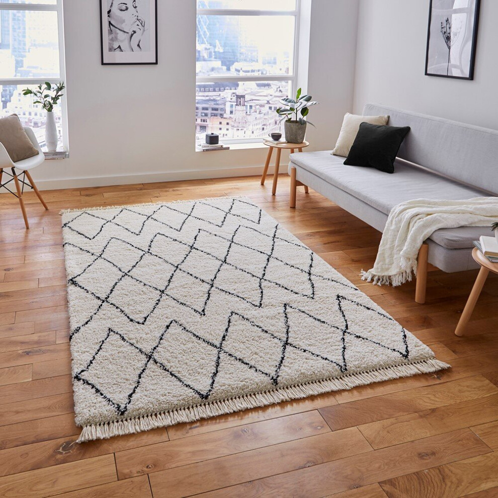 (160x230cm) Modern Boho 8280 Rugs in White Black Moroccan Soft Deep Shaggy Mats