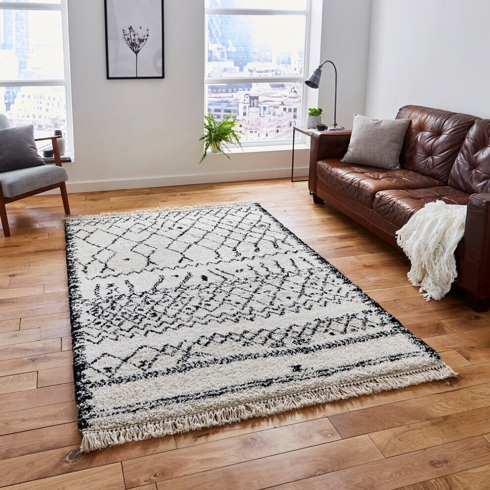 (200x290cm) Modern Boho 5402 Moroccan Rugs in Black White Soft Deep Shaggy Mats