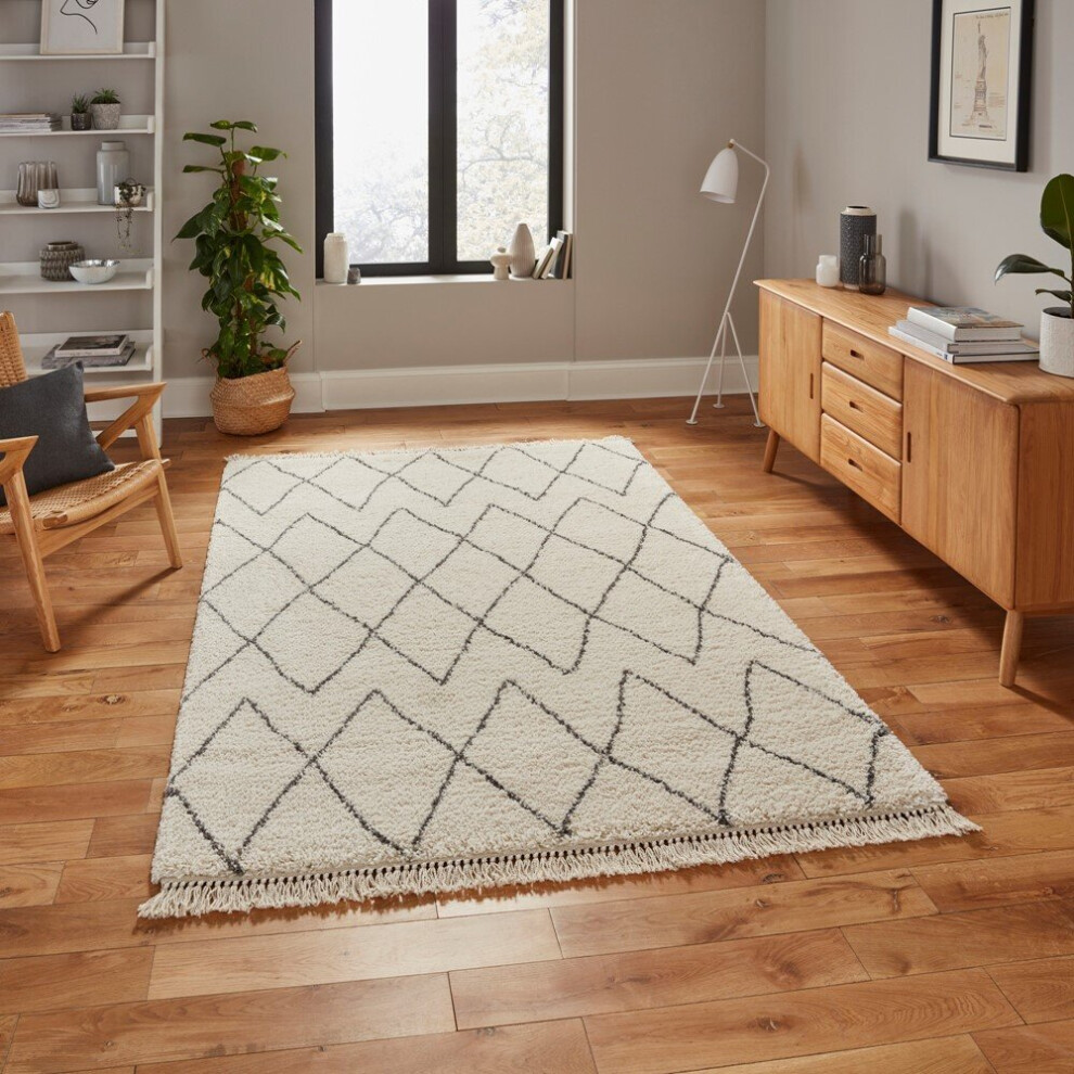 Think Rugs (120X170cm) Modern Boho 8280 Rugs In Cream Grey Moroccan Soft Deep Shaggy Mats Cream,Grey