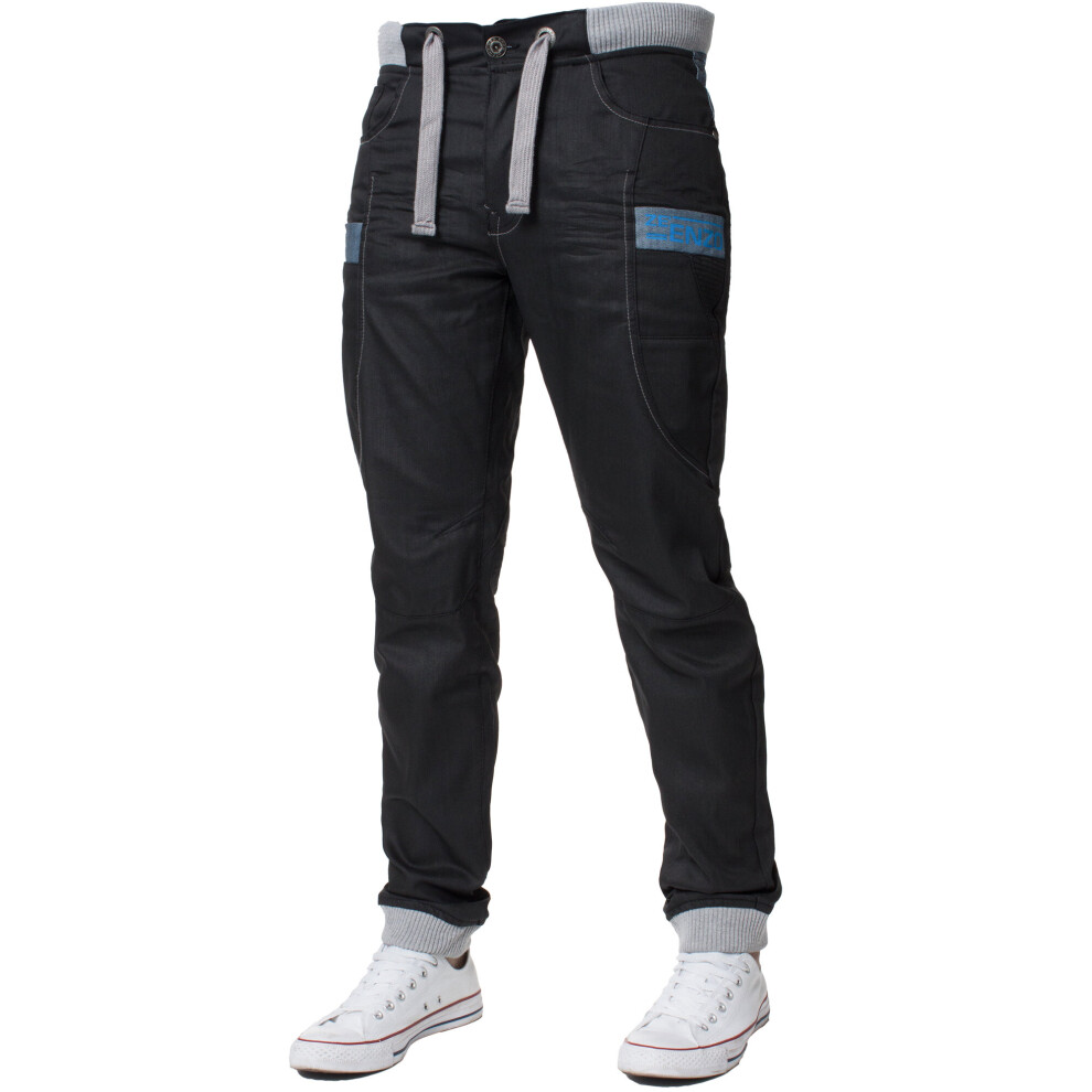 (Black, 28R) Enzo Designer Mens Cuffed Denim Jeans Regular Fit
