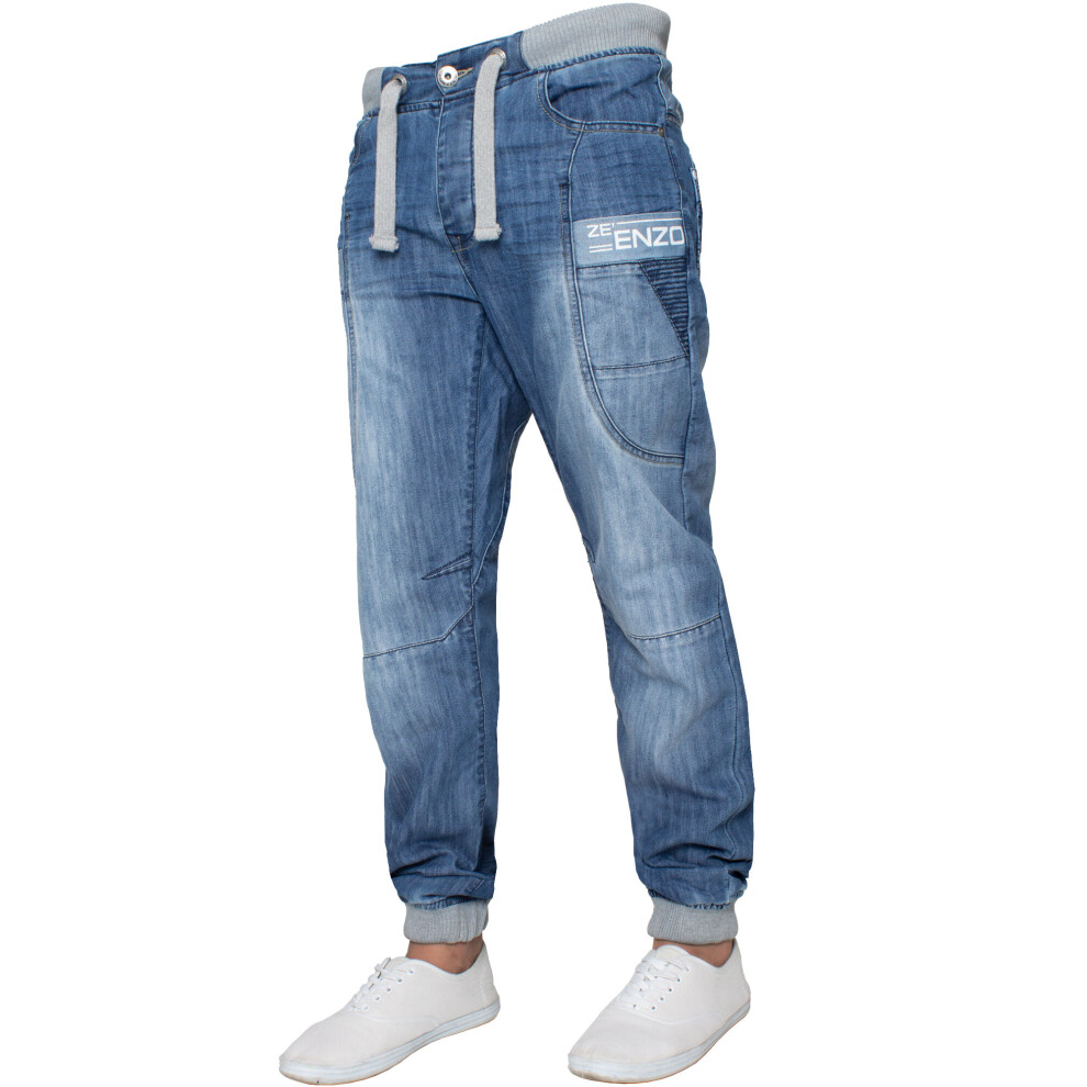 (Blue, 40R) Enzo Designer Mens Cuffed Denim Jeans Regular Fit