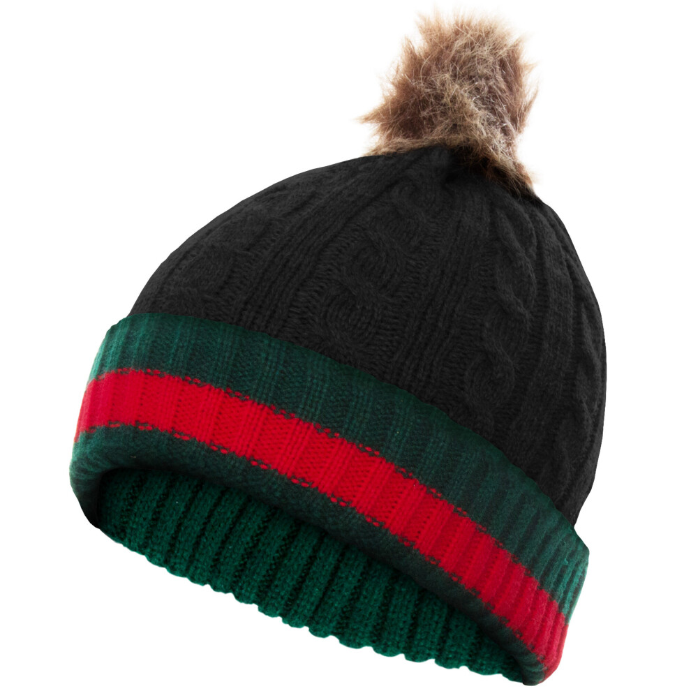 (Black) Mens Knitted Beanie Bobble Pom Pom Cable Knit Winter Warm