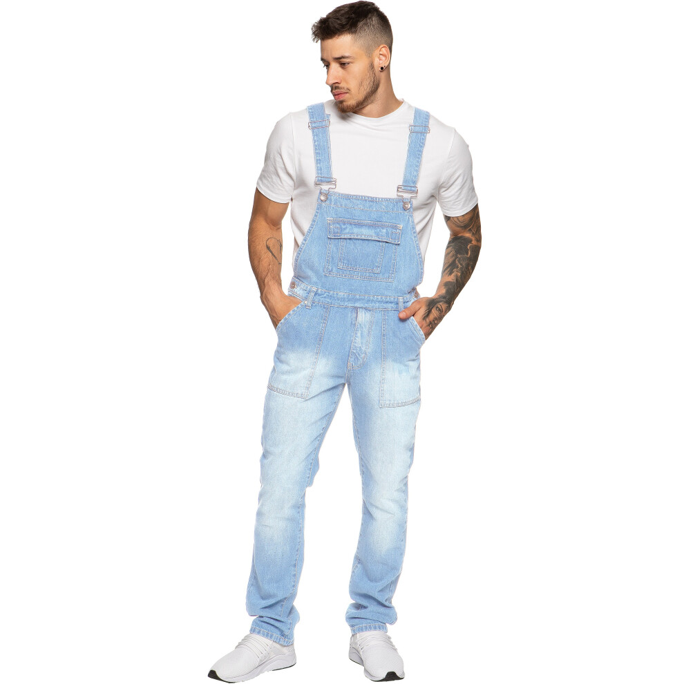 (Bleach Wash, 30R) Enzo Jeans Mens Dungarees Denim Overalls Big King